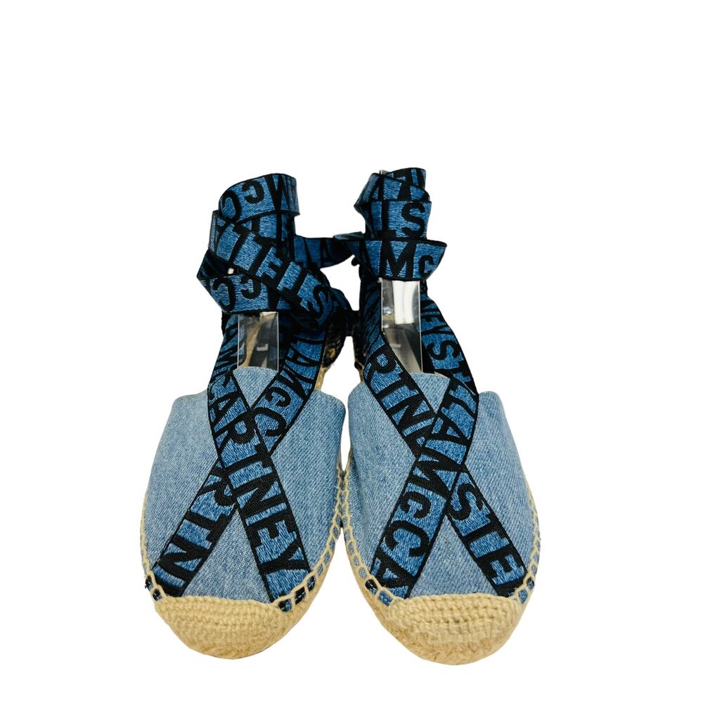 STELLA MCCARTNEY Blue Denim Gaia Canvas Lace Up Ankle Tie Espadrilles Flats 37 - Picture 5 of 8